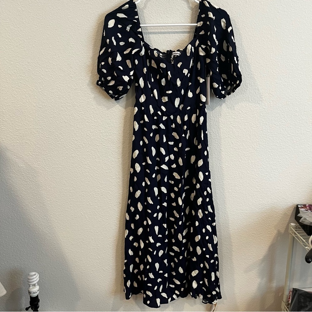 Reformation Quintana Roo zippy midi dress blue/white elastic luff sleeve sz 0